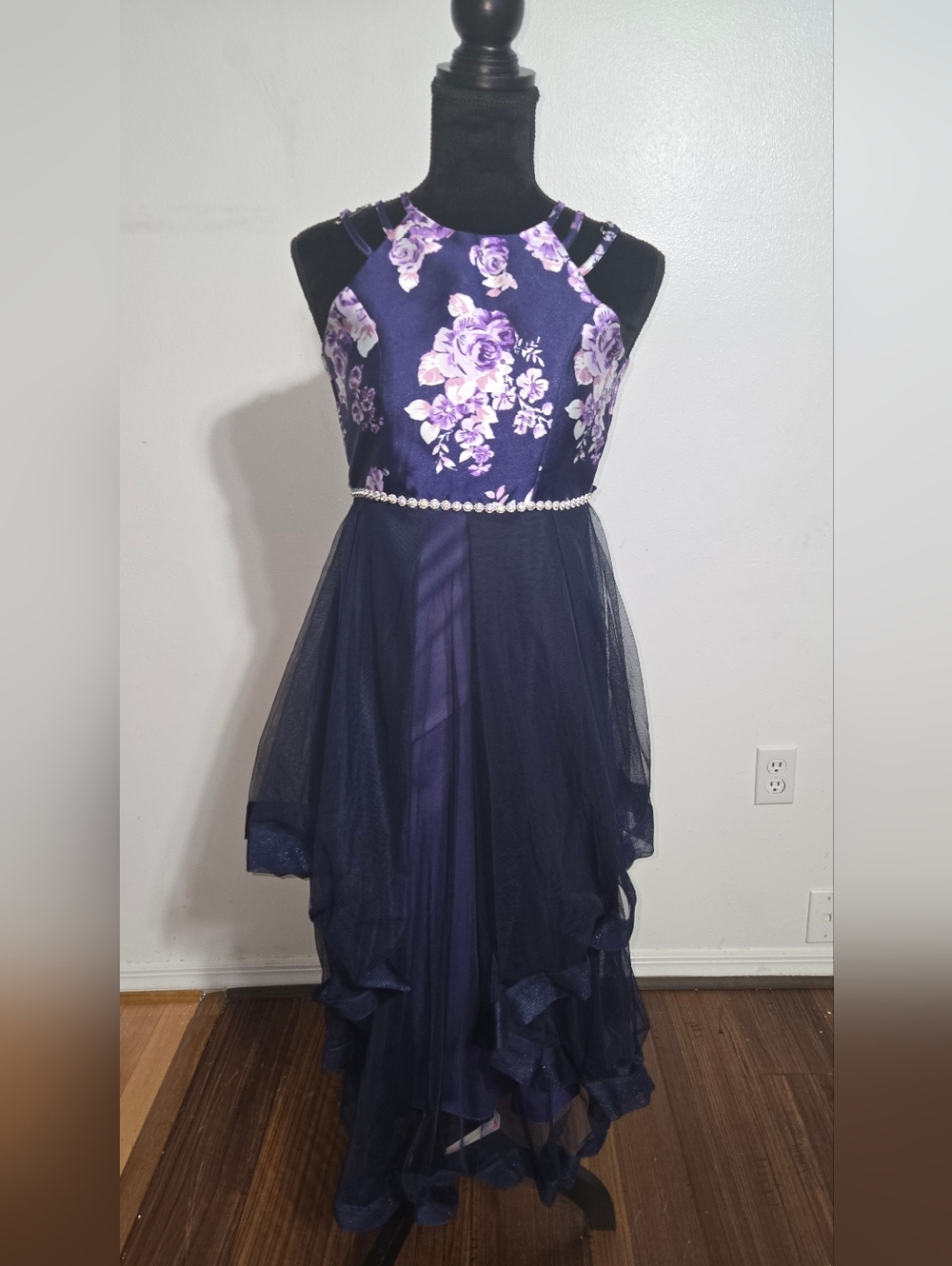 Speechless Navy Floral Halter Tulle Dress with Pearl Waist